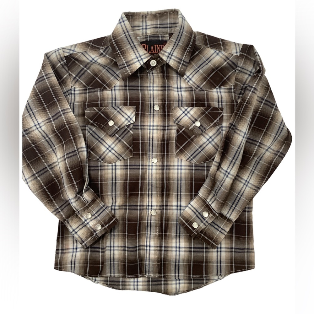 Boys western button down long sleeve shirt, brown & blue plaid, pearl snap 4T